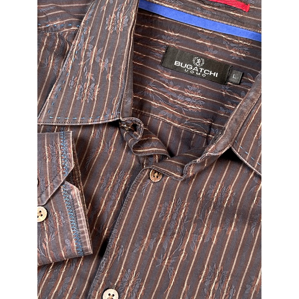 Bugatchi Uomo Men's‎ Brown Striped Floral Print Button Down Shirt - Size L